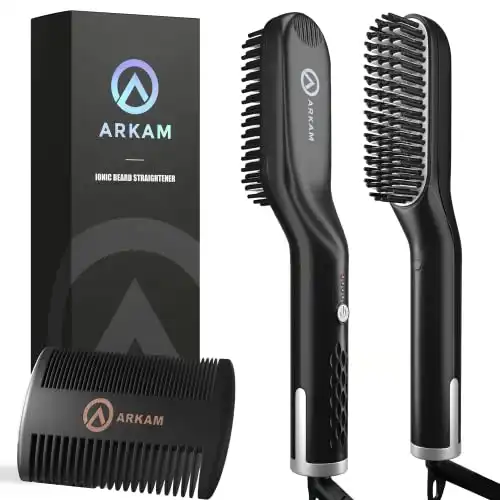 Arkam Beard Straightener for Men -Original Heated Beard Brush Kit w/Anti-Scald Feature, Dual Action Hair Comb and Travel Bag for Short to Medium Beards -Costume Accessories and Grooming Gifts for Men