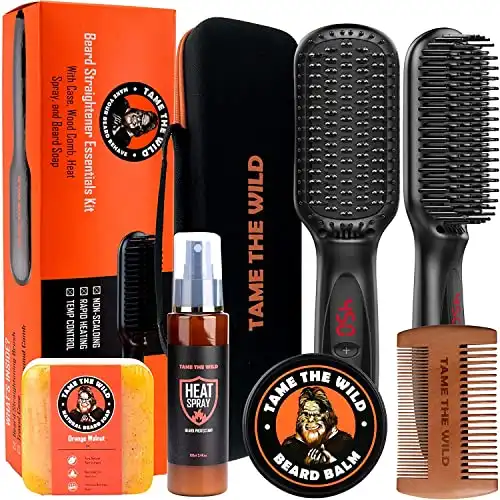 Tame The Wild Pro Beard Straightener for Men Kit - Heated Beard Brush for Men - 12 Temp Settings - Beard Grooming Kit with Heat Protector Spray, Beard Soap, Beard Balm, Comb & Travel Case - Gift S...